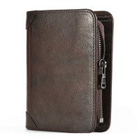 Dompet Lipat Dua Ritsleting Kulit Asli Pemegang Kartu Kredit RFID Dompet Ramping Bifold Saku Koin Kulit Sapi Anti-maling untuk Pria