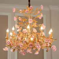 Lustre unique en laiton rose romantique avec fleurs en céramique rose, décoration lumineuse pour villa, salle à manger, éclairage décoratif