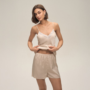SUHE Women Satin 2-Piece Pajama Set Beige Lace <b>Trim</b> Camisole Shorts Summer Sleepwear for Home Hotel <b>Bath</b> Thin Polyester DT3926 - Product Image 1
