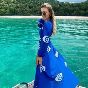 Gaun Pantai Seksi Tunik Sifon Mata Biru Bebas Keriput Kain Nyaman Kualitas Super Penutup Baju Renang Pakaian Pantai Wanita