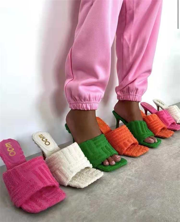 PDEP most popular candy color square toe high heels shoes for ladies large size soft cotton young girls women heels slippers