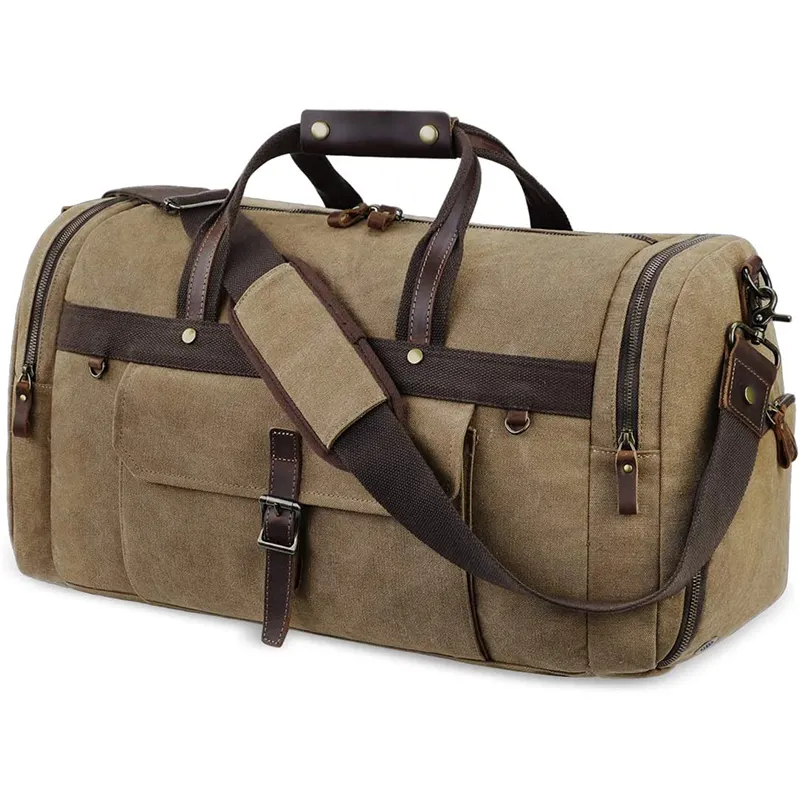 Travel waterproof premium canvas leather handle men oversized carryon weekend duffle bag shoe compartment