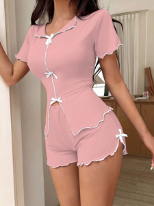 Conjunto de Pijamas Femininos com Laço, Camiseta de Manga Curta e Shorts, Roupas de Dormir em 2 Peças para Mulheres, Casual de Verão, Confortável para Uso em Casa - Product Image 5