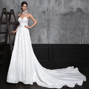 Vendita calda a-line abiti da sposa Backless senza spalline fiocco di cristallo perline maniche staccabili 2021 nuovo abito da sposa lunghezza pavimento