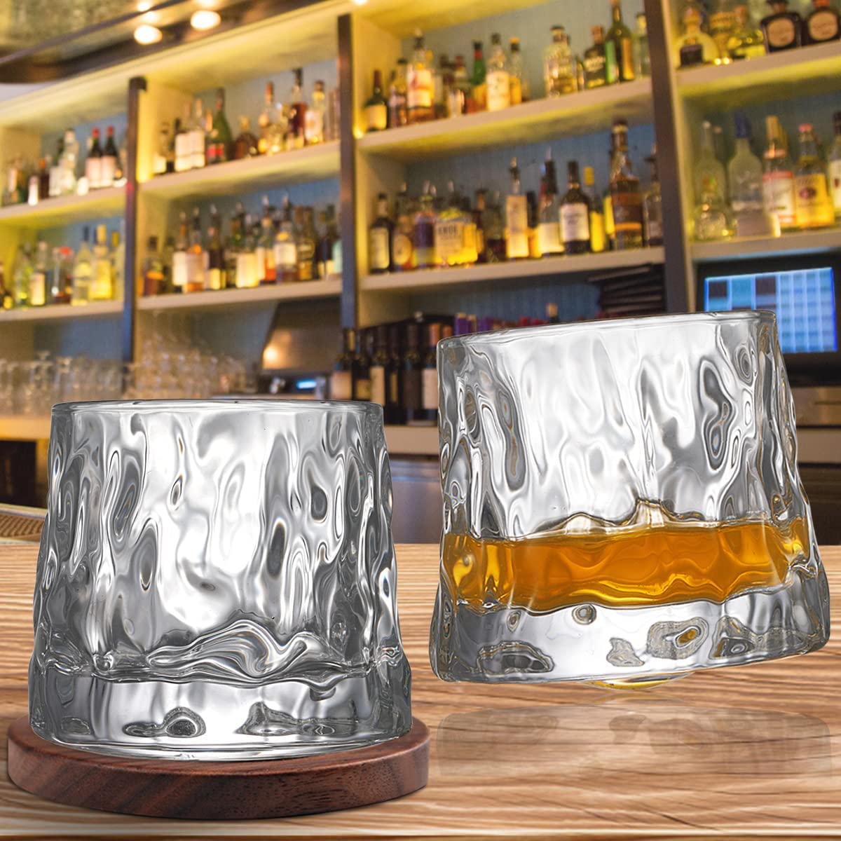 Creative Walnut Coasters Whiskey Glasses Rotatable Tumbler Crystal Glass Cups Drinking Glasses