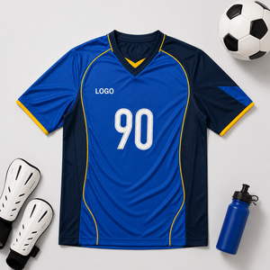 Maillot de football personnalisé pour homme, rouge et bleu, à manches courtes, col en V, respirant, impression par sublimation, avec numéro 90 et logo frontal - Product Image 4