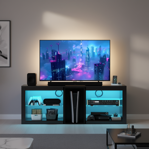 Meuble TV noir avec éclairage LED, 5 étagères réglables, prises électriques pour téléviseur 55 pouces, mobilier moderne pour salon - Product Image 2