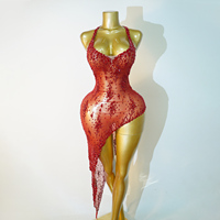Robe de scène asymétrique rouge feu sexy avec strass et cristaux scintillants, longueur genou, sans traîne, soutien-gorge intégré, respirante, couleur bonbon, style Drag