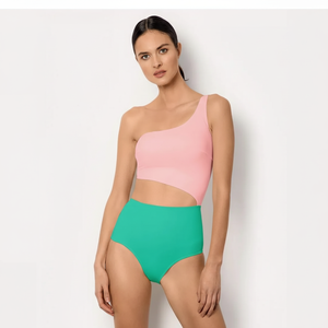 Maillots <span class=keywords><strong>de</strong></span> <span class=keywords><strong>bain</strong></span> une pièce asymétriques color block avec logo personnalisé et bretelles réglables, motif palmier, vente en gros - Product Image 1