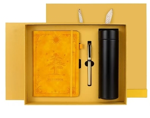 Yellow Embossed <b>Notebook</b> Tumbler <b>and</b> <b>Pen</b> Gift <b>Set</b> with Custom Logo Box for Business Promotion <b>and</b> Wholesale Orders - Product Image 1
