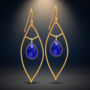 Bezal Set Sapphire Stone Sterling <b>Silver</b> Gold Plated Classic Fish Hook <b>Dangle</b> <b>Earring</b> Pair for Wedding & Party - Product Image 2