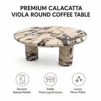 Table basse ronde moderne de luxe en marbre Calacatta Viola avec plateau en pierre et 3 pieds à colonnes cannelées, table basse centrale pour salon