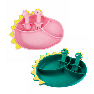 Silicona de grado alimenticio Alimentación del bebé Dinosaurio Placa de succión dividida Cuchara Tenedor Productos para bebés Juego de alimentación - Product Image 1