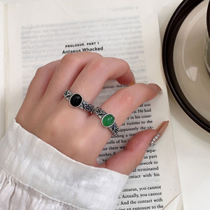 Thai <b>Silver</b> S925 <b>Sterling</b> <b>Silver</b> <b>Ring</b> With Black Agate And Green Stone Flower Design For Women Everyday Wear - Product Image 4