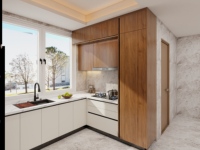 Mobili da Cucina su Misura con Finitura in Impiallacciatura di Legno e Componenti in Acciaio Inossidabile, Realizzati su Ordinazione per Progetti d'Interni Personalizzati