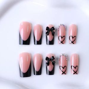 Unghie Finte CTTHNBD a Pressione Media, Forma Coffin con French Tip Nere, Decorazioni a Fiocco e Cuore, Unghie Acriliche per Donne, 24 Pezzi - Product Image 4