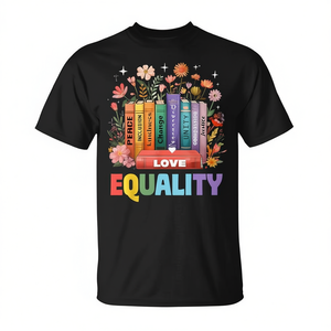T-shirt unisexe pour adultes, en coton, col rond, manches courtes, impression numérique, égalité, paix, amour, gentillesse, livre LGBTQ, égalité des droits, fleur - Product Image 2