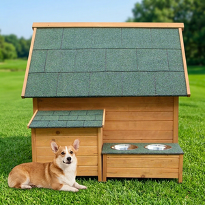 Casa para Perros de Madera SDD0405 con Comederos y Almacenamiento, para Uso en Exteriores en Todas las Estaciones, con Diseño Impreso en Varios Tamaños - Product Image 1