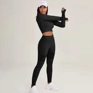 Manica lunga due pezzi donna vita alta stretto abbigliamento sportivo Yoga Set completo senza cuciture Yoga Set Crop Activewear