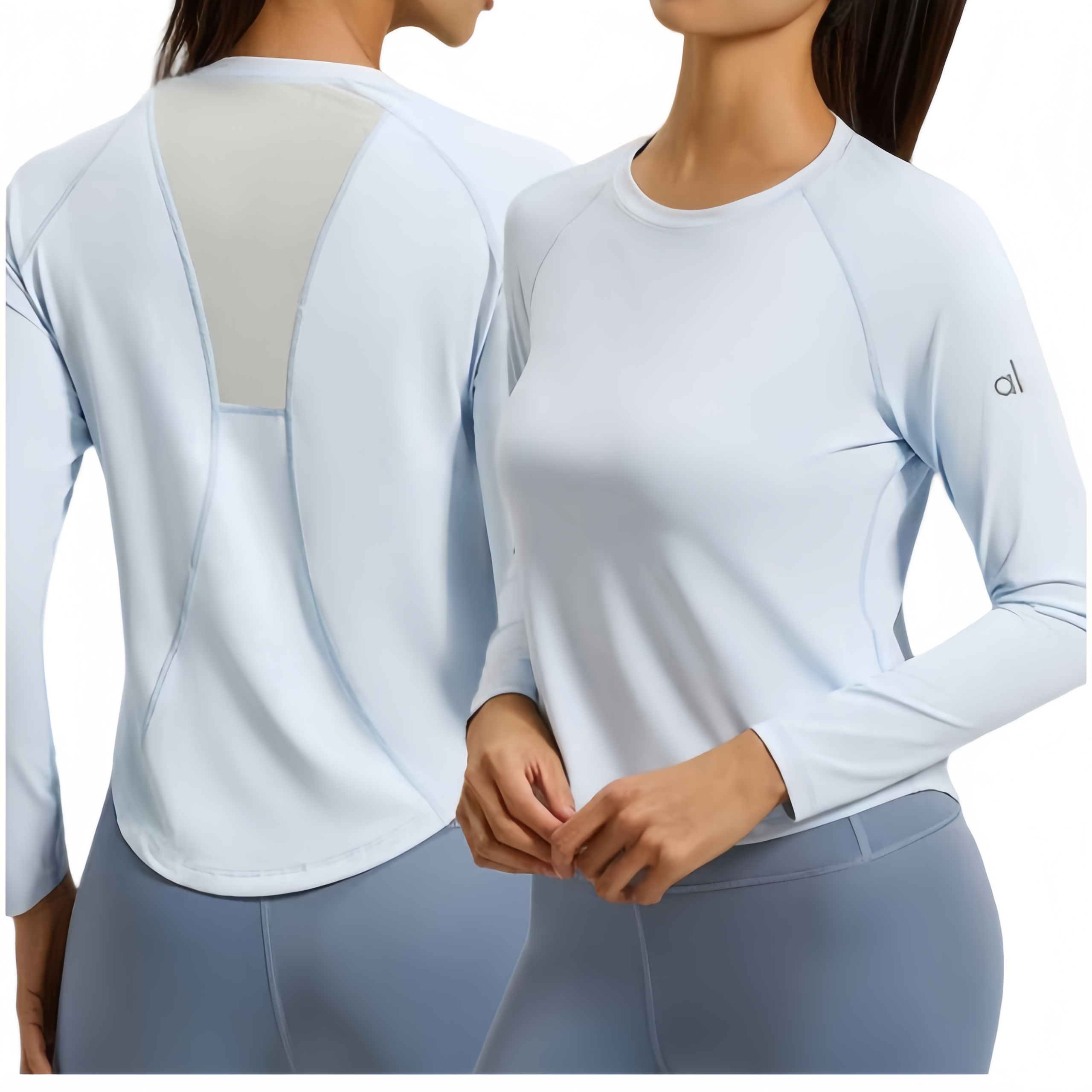 Newly Designed AL Women's Loose Back Mesh Elastic Long Sleeved T-shirt, Breathable Running Yoga Fitness Training Sportswear