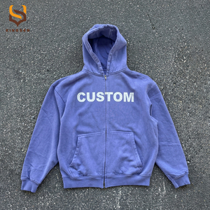 Sweat à capuche zippé personnalisé avec logo, coupe ample vintage, effet délavé, imprimé en relief, uni, style streetwear délavé au soleil - Product Image 1