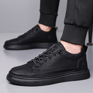 Zapatillas Casuales de Piel Negra para Hombre, con Punta Redonda, Cordones, Suela de Goma, para Todas las Temporadas - Product Image 3