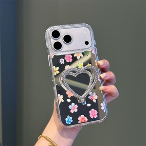 เคสโทรศัพท์ลายดอกไม้เพชร Bling Love พร้อมกระจกและที่วางโทรศัพท์ สำหรับ iPhone 17 16 15 14 Pro Max น่ารัก ประดับกลิตเตอร์ ลายการ์ตูนแมว KT พร้อมขาตั้ง - Product Image 2