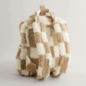 Customized Lambwool Fur <b>Backpack</b> <b>Kids</b> Neutral Check <b>Backpack</b> <b>Kids</b> Plush <b>Backpacks</b> - Product Image 2