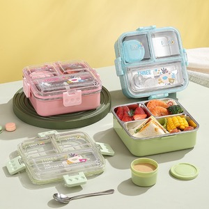 Kids Stainless Steel <b>Lunch</b> <b>Box</b> 3 Compartment Bento <b>Box</b> Leak Resistant Food Container with Sauce Cup for <b>School</b> - Product Image 3