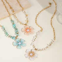 Collier en acier inoxydable plaqué or 18 carats avec pendentif fleur en pierres naturelles, étanche, pour femme, bijoux perlés