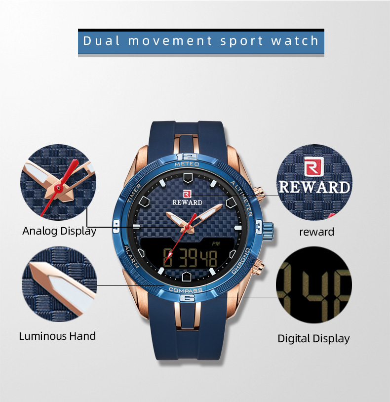 REWARD Men's Watches Silicone Double Movement Digital Electronic Watch Men Sports Waterproof LED Quartz Watch Relogio Masculino