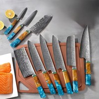 Ensemble de couteaux professionnels Damascuse, ensemble de couteaux de cuisine forgés à la main, lames en acier Damascuse à 67 couches découpées au laser, manche hybride en résine bleue et bois
