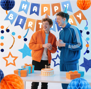 Guirlandes d'anniversaire orange et bleues, étoiles, spirales, serpentins, cercles, points, guirlande en papier, boule en nid d'abeille pour la décoration de fête d'anniversaire d'enfants - Product Image 3