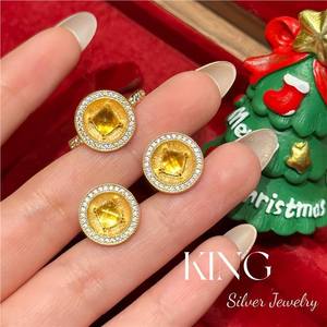 King Silver Jewelry S925 Sterling Silver Gold Plated Disc Yellow Crystal <b>Ring</b> And Earrings Set Women's Everyday Wear - Product Image 1