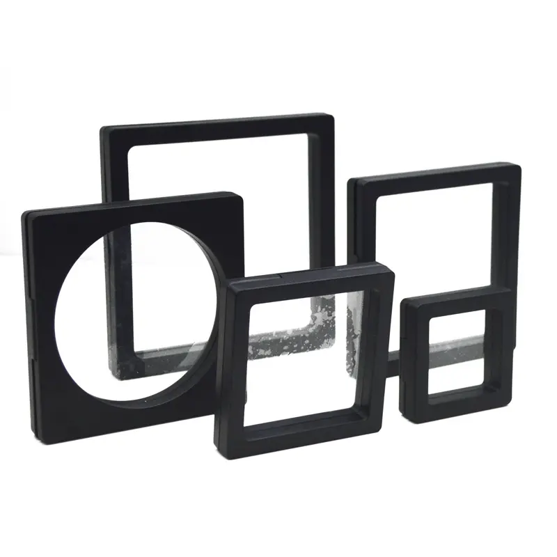 黒と白の透明なサスペンション包装ボックスジュエリーディスプレイスタンドバッジ記念コインPeフィルムジュエリーボックス