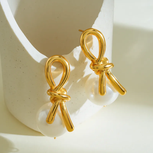 Boucles d'oreilles en perles artificielles à nœuds en acier inoxydable 304 plaqué or 18 carats de haute qualité, accessoires de mode pour femmes - Product Image 2