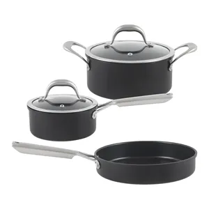现代经典5件套铝制炊具，带不锈钢手柄黑色涂层，用于厨房