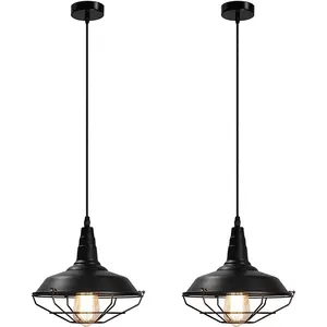 Black Industrial Pendant Light Fixtures, Farmhouse Pendant Lighting for Kitchen Island, Vintage Metal Cage Hanging Lamp