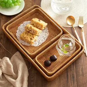 Rattan Serving Tray Set Of 3 Rectangle Hand Woven Wicker Tray