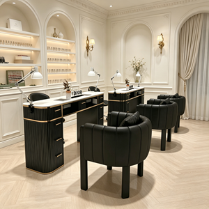Ensemble de table à ongles rose cannelée avec plateau en marbre, bureau de manucure pour salon de beauté avec tiroirs, poste de travail moderne pour salon de beauté avec accessoires assortis - Product Image 5