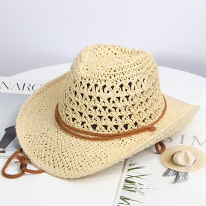 Sombrero de Vaquero Occidental Plegable de Rafia Hueca, Unisex, para Verano, Playa, Casual, de Ala Ancha, Protección Solar, 54-56CM - Product Image 3