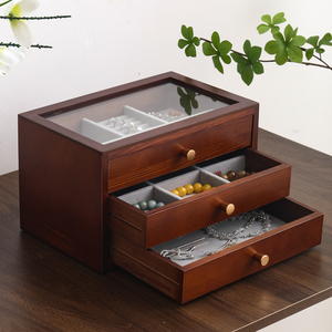 Boîte à bijoux rectangulaire multicouche en bois sculpté, de luxe moderne haut de gamme, style INS, petite boîte de rangement multifonction exquise pour la maison - Product Image 1