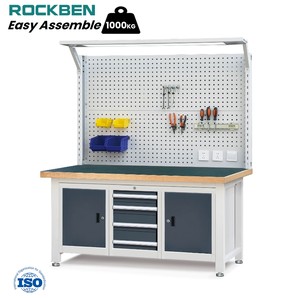 ROCKBEN Banc <span class=keywords><strong>de</strong></span> <span class=keywords><strong>travail</strong></span> modulaire avec éclairage <span class=keywords><strong>LED</strong></span>, alimentation électrique, rangement efficace, garage, atelier, armoire à outils avec panneau perforé - Product Image 1