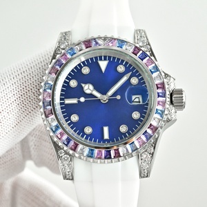 Reloj Deportivo Premium Plateado con Microincrustaciones de Diamantes, Bisel con Gemas de Arcoíris Degradado, Reloj de Buceo Automático de Cuerda Automática - Product Image 2