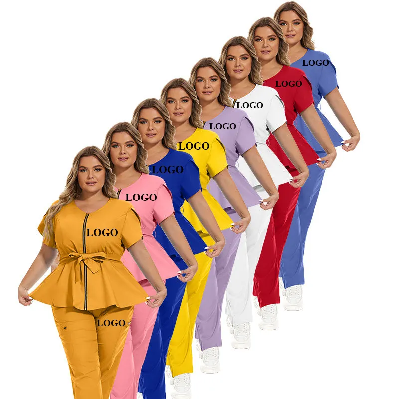 Personalizado Oem Manga Curta Enfermeiros Vestido Uniforme Set 2023 Elegante Feminino Mulheres Amarre Médicos Scrubs Cinto Hospital Uniformes Conjuntos