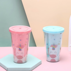 450ml Reusable Unicorn Double Wall <b>Plastic</b> <b>Straw</b> Cup with Colorful Leakproof Lid or Kids Cold Beverages with Leakproof Lid - Product Image 1
