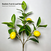 Élégante branche de citron jaune avec 3 fruits et feuilles vertes, plantes artificielles style ferme pour la décoration de la maison, de la cuisine, des mariages et des tables.