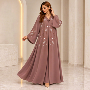 Elegant Dusty Rose Embroidered Abaya Long Sleeve V Neck Floor Length Modest Muslim Women <b>Dress</b> Floral <b>Prayer</b> Wear Luxurious Gown - Product Image 1