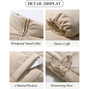 Veste matelassée courte en velours côtelé pour femme, chaude pour l'hiver, à manches longues, avec fermeture éclair - Product Image 5