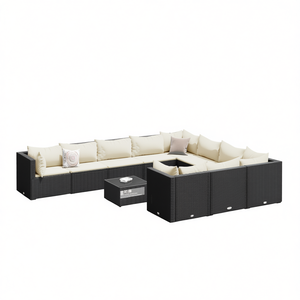 Set Divano da Esterno in Rattan Nero con Cuscini Crema, 6 Posti, Arredamento da Giardino Contemporaneo Resistente alle Intemperie - Product Image 1